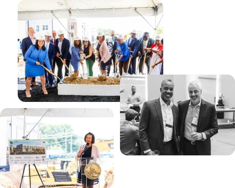 True-Ground-About-Leadership-and-Staff Three event photos: groundbreaking ceremony, a woman speaking at a podium and two men posing together