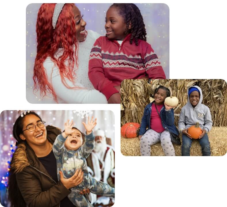 True-Ground-Home-Meet-Your-Neighbors Collage of diverse families enjoying moments together, including a mother and son, children with pumpkins, and a mother holding her baby.