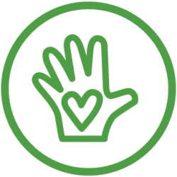 Green handprint with a heart symbol in the center, representing volunteer work