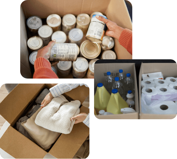 How-To-Help–Host-a-Donation-Drive@1x Three images of donated items: canned food, bottled water, paper towels and clothes in different boxes.