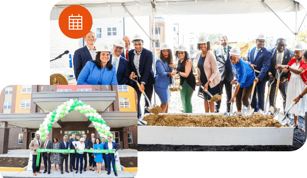 A collage showing a ribbon-cutting ceremony and a groundbreaking event, with a group of people in business attire and hard hats participating.