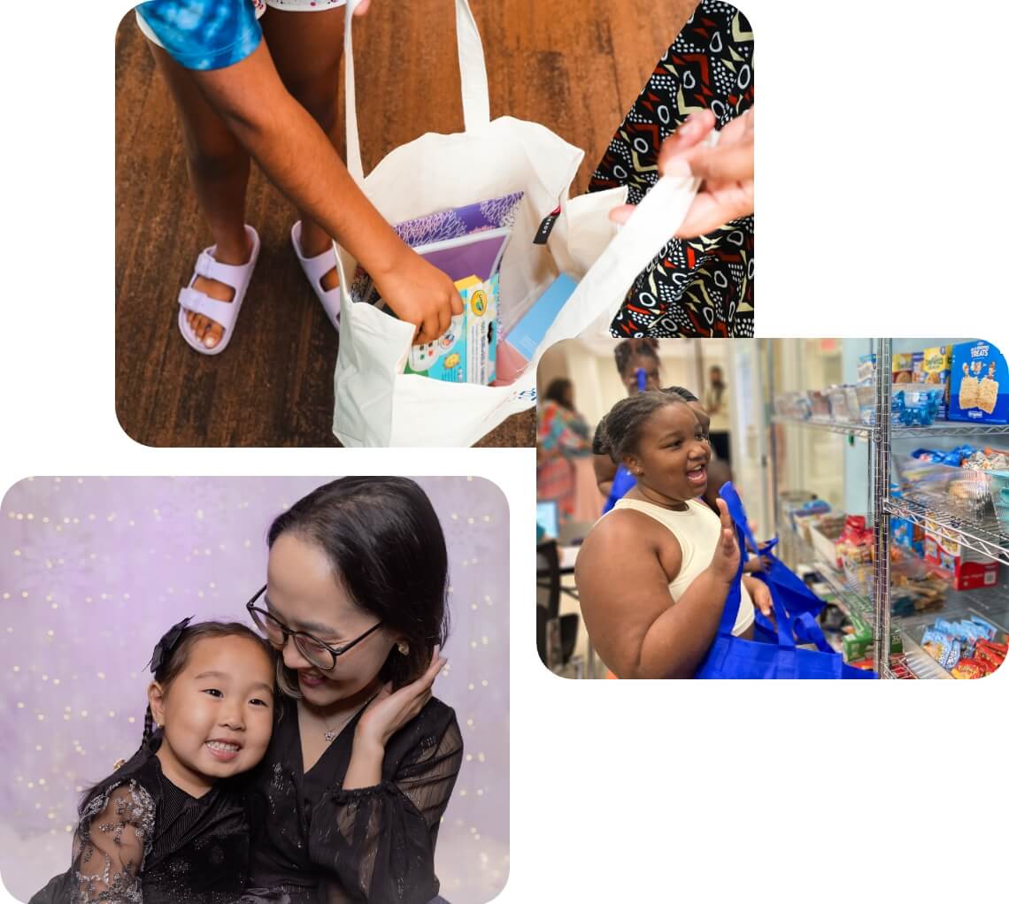 True-Ground-Empower-Your-Team-to-Give@2x Collage of community activities: filling a tote bag, mother and daughter embracing, shopping at a food pantry