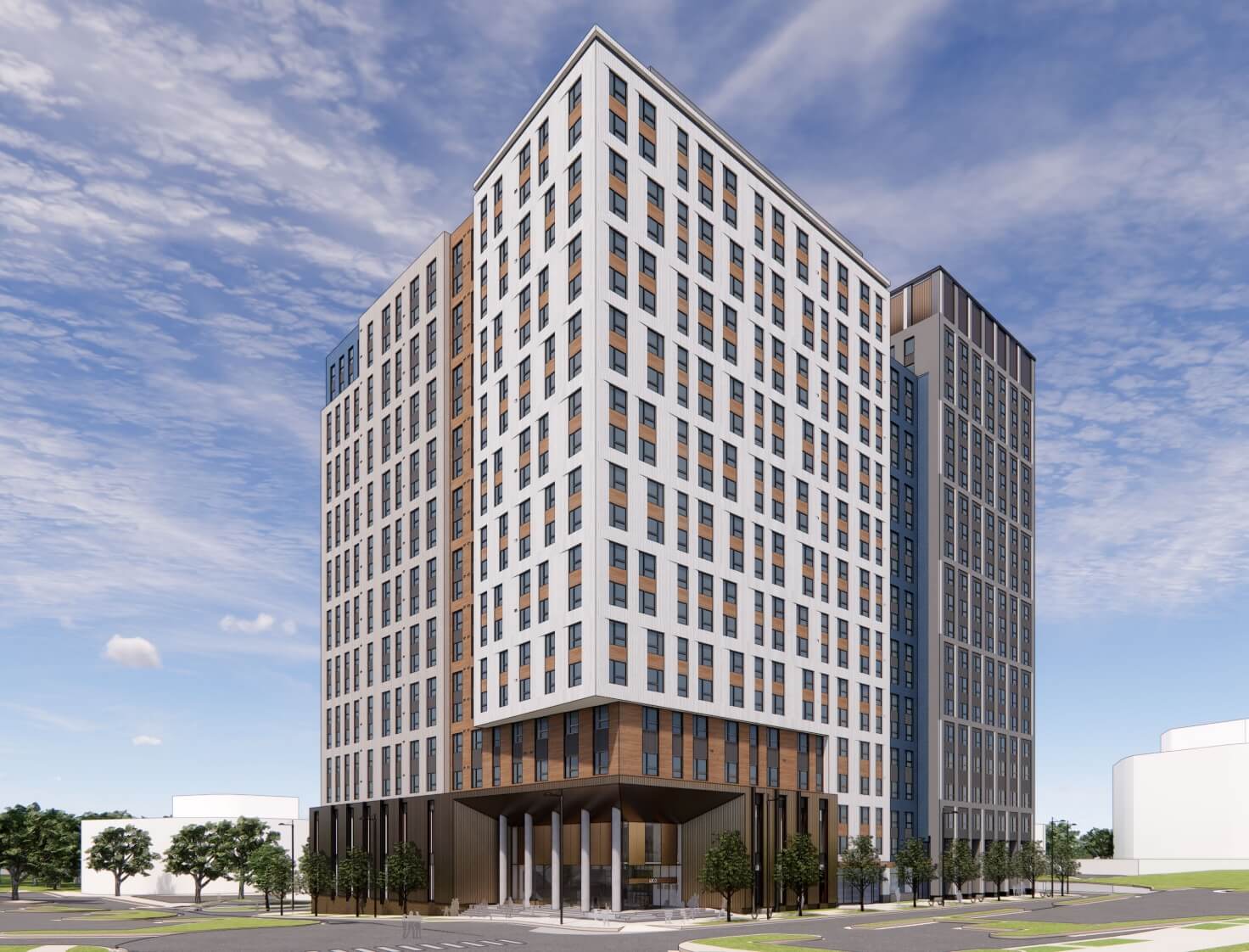 Render of a tall, modern residential building under a clear sky.
