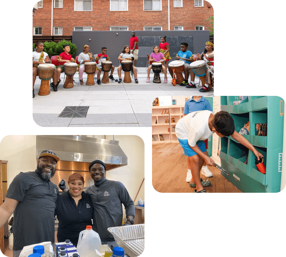 True-Ground-What-We-Do–Resident-Services-Raising-Up-Resident-Voices@2x A collage of three images: A group of children and adults playing drums outside, three people in a kitchen and a child placing an item into a vending machine.